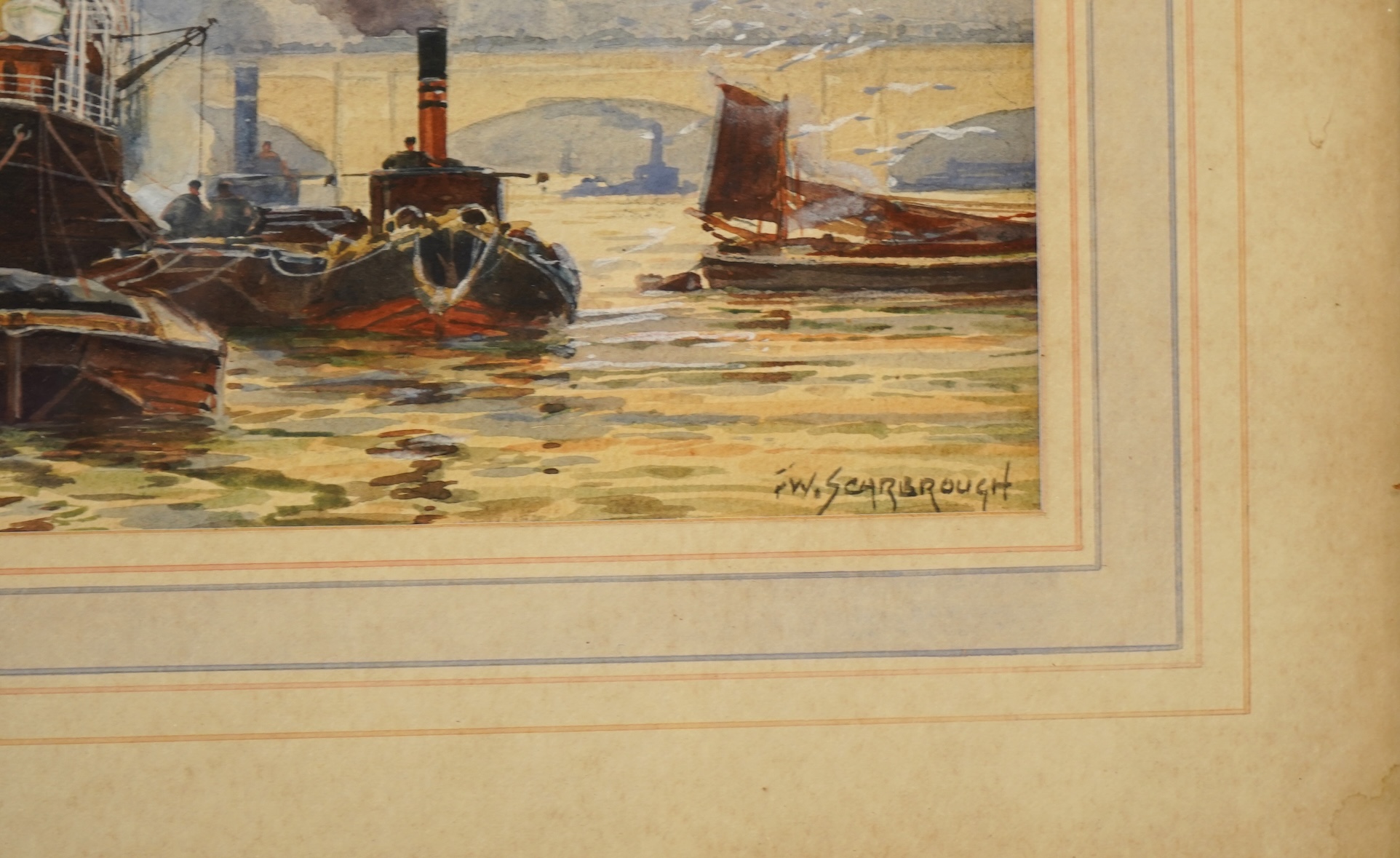 Frederick William Scarborough (1860-1939), ‘Sunset, London Bridge’, signed and inscribed, watercolour, 17 x 23cm, ornate gilt frame